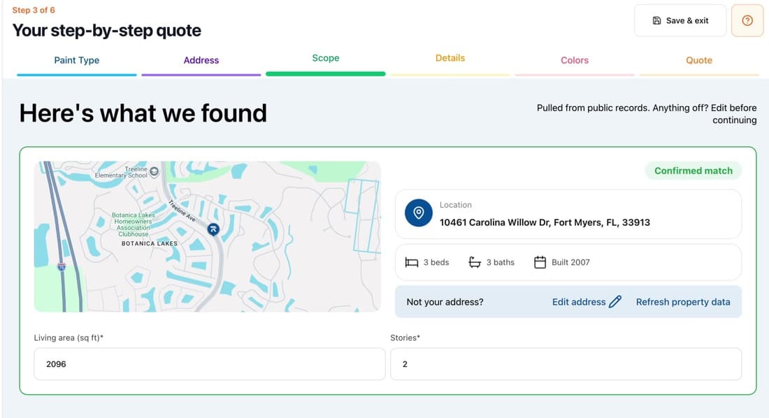 Rollur Estimator step 3: property details found automatically from public records