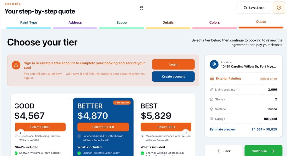 Rollur Estimator step 6: choosing between Good, Better, and Best pricing tiers